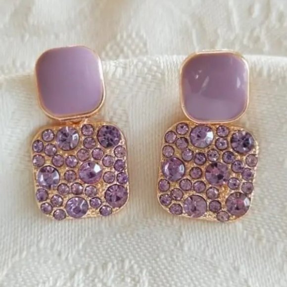 Vibrant Art Deco Purple Square Rhinestone Dangle Drop Earrings for Women - Picture 4 of 5